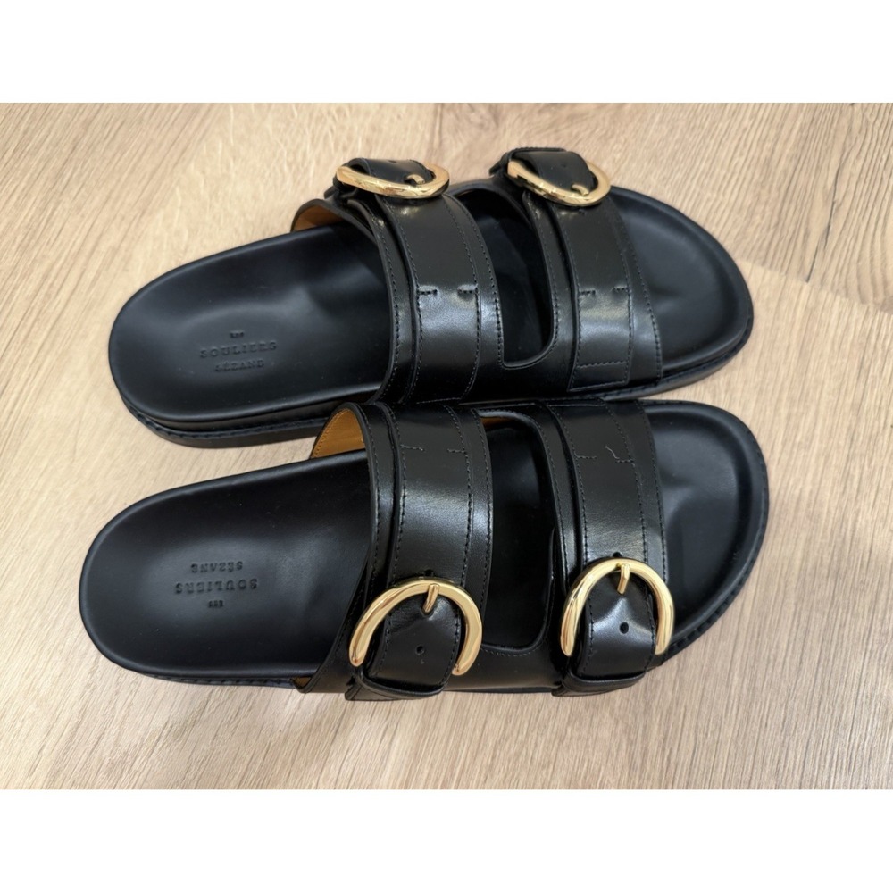 Smooth Black Leather Souliers Sezane Lenny low mules Gold buckles 38 7.5 - Picture 3 of 7